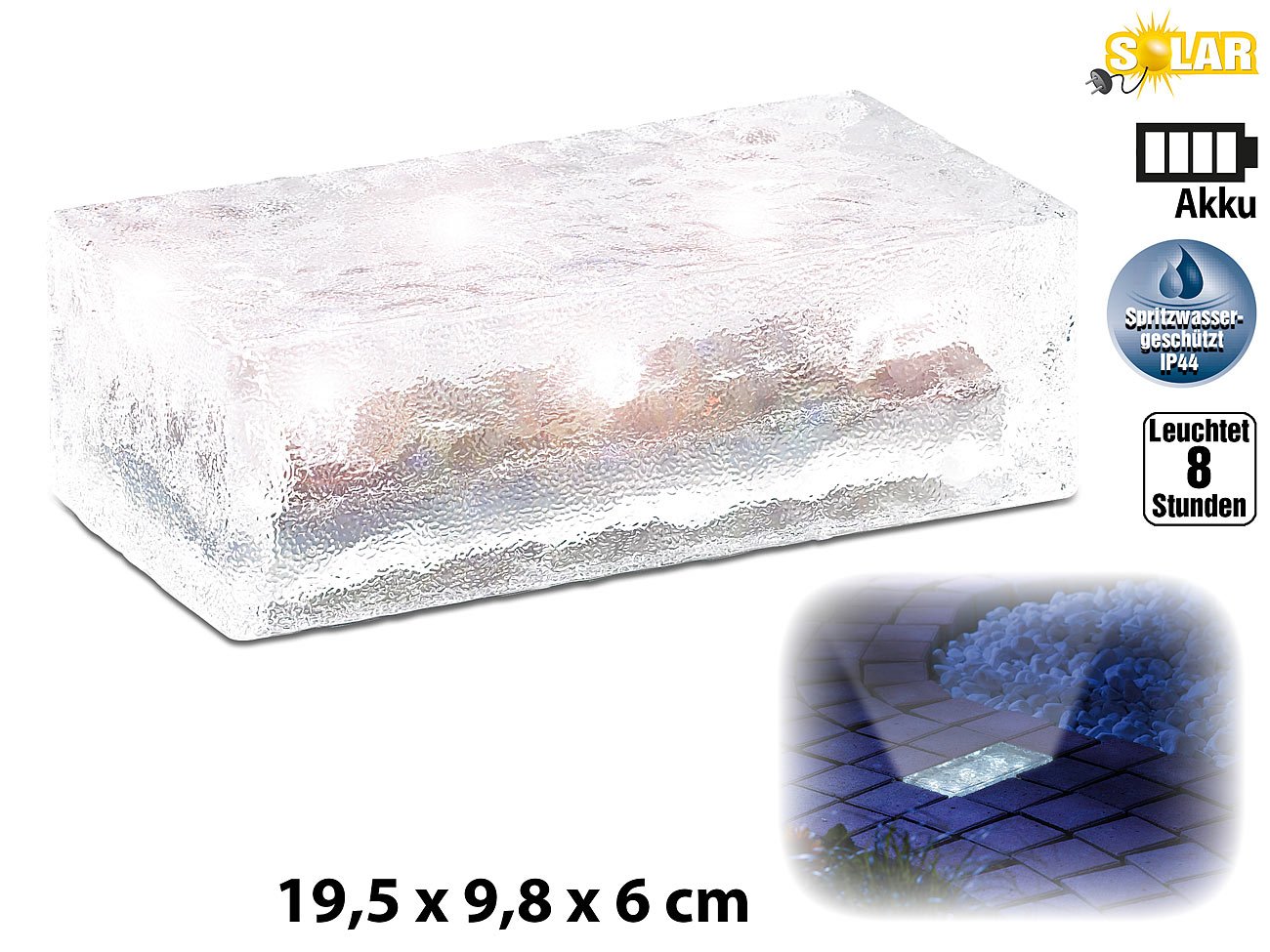 Lunartec Solar-Glasbaustein LED warmweiß 19,5 cm