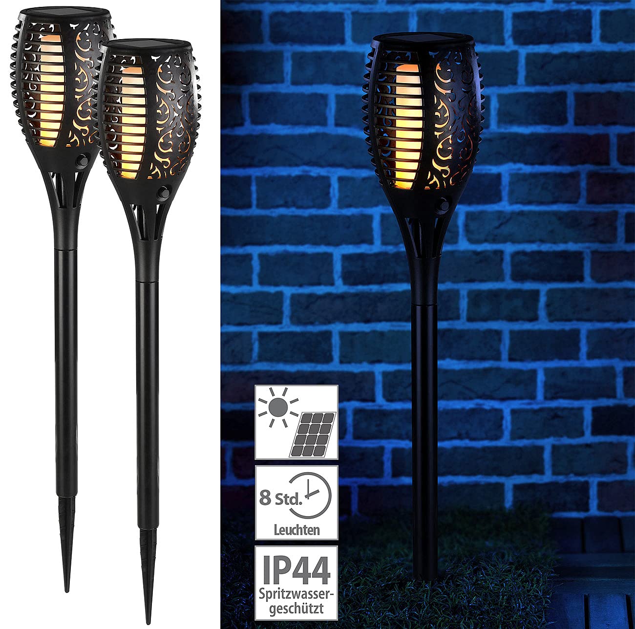 Lunartec Außenbeleuchtung Solar-Gartenfackel 58cm 2er-Set