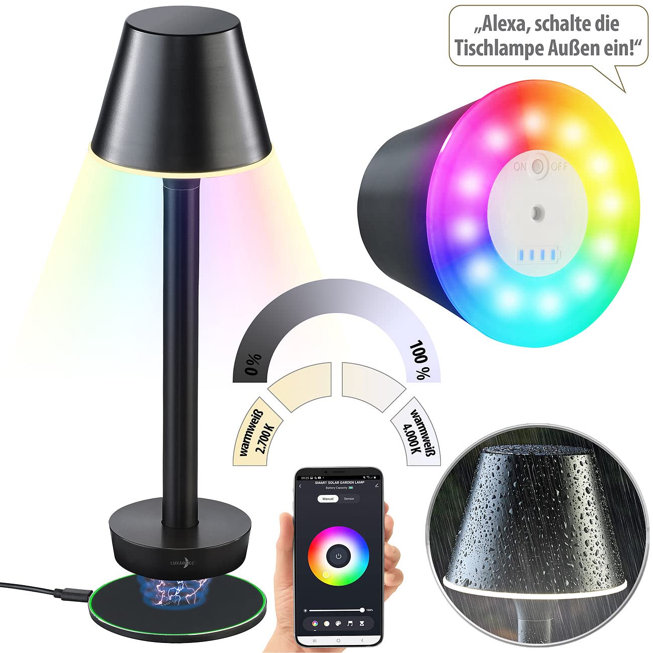 Lunartec Außenbeleuchtung OT-130 Tischlampe RGB Akku IP67