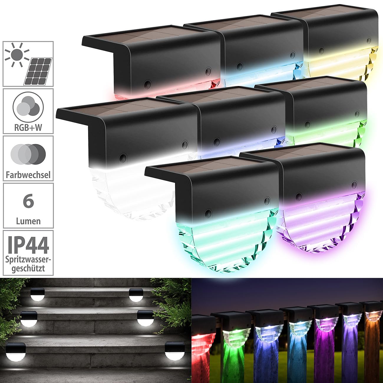 Lunartec Außenbeleuchtung Solarlampen 8er-Set RGBW Treppe Zaun
