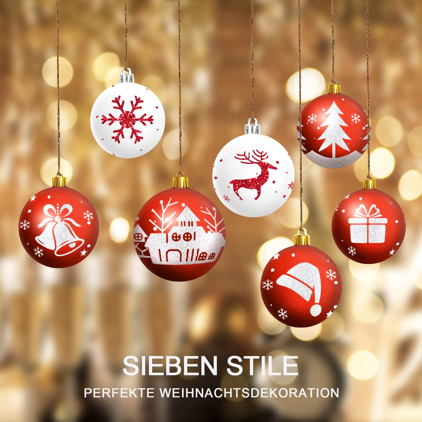 WEARXI Lichterketten Weihnachtskugeln 6cm Rot-Weiß 16 Stück