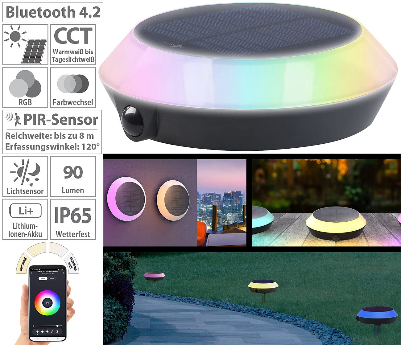 Lunartec Außenbeleuchtung Solarleuchte RGB-CCT mit Bewegungsmelder