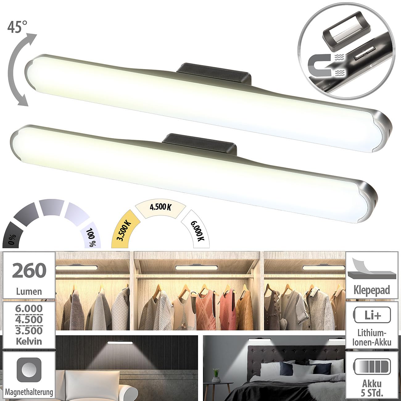 Lunartec Innenbeleuchtung LED-Leselicht 2er-Set 35cm dimmbar