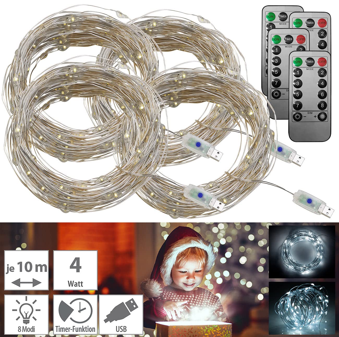 Lunartec Licht-Dekoration USB Lichterdraht tageslichtweiss 4er-Set