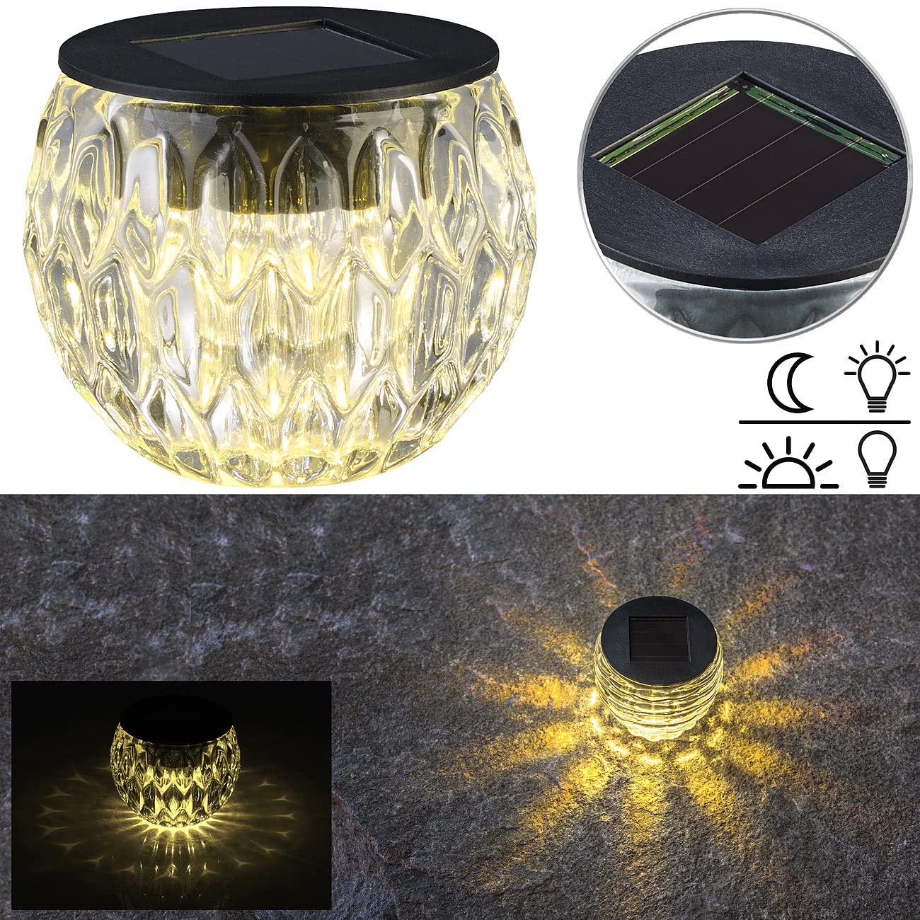 Lunartec Außenbeleuchtung Solar-LED-Windlicht Liora Glas IP44