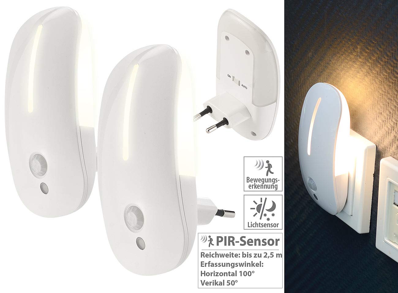 Lunartec Innenbeleuchtung LED-Nachtlicht mit Bewegungsmelder 2er-Set