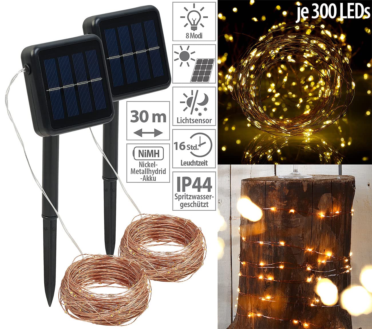 Lunartec Solar-Lichterkette warmweiß 30m 2er-Set Kupferdraht