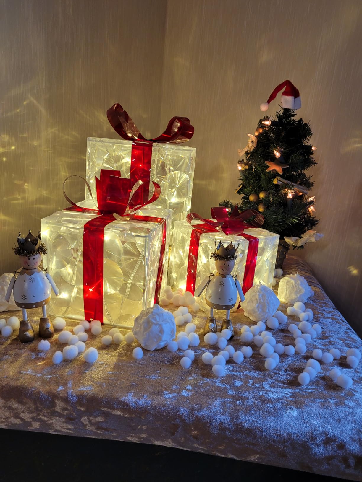 elktry LED Geschenkbox 3er Set silber mit Timer 140 LEDs