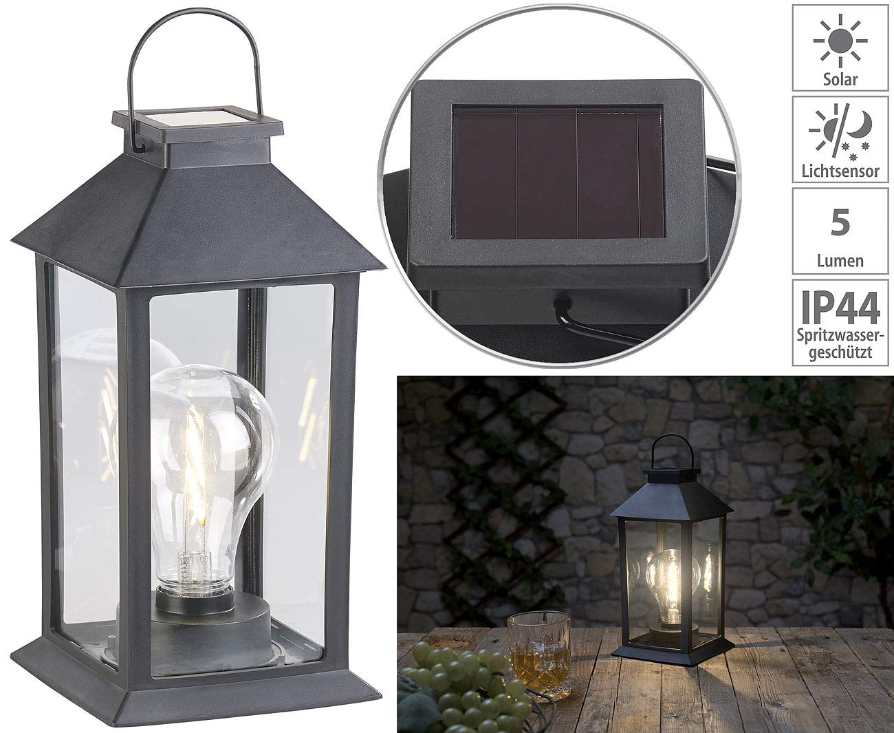 Lunartec Solar-Laterne LED warmweiß 2er-Set IP44
