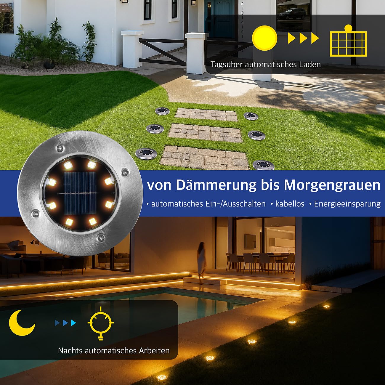 Lunartec Außenbeleuchtung 24er Solar-Bodenleuchte Edelstahl warmweiß