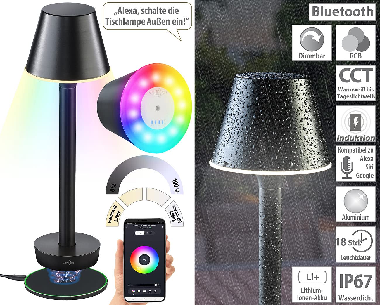 Lunartec Außenbeleuchtung OT-130 Tischlampe RGB Akku IP67