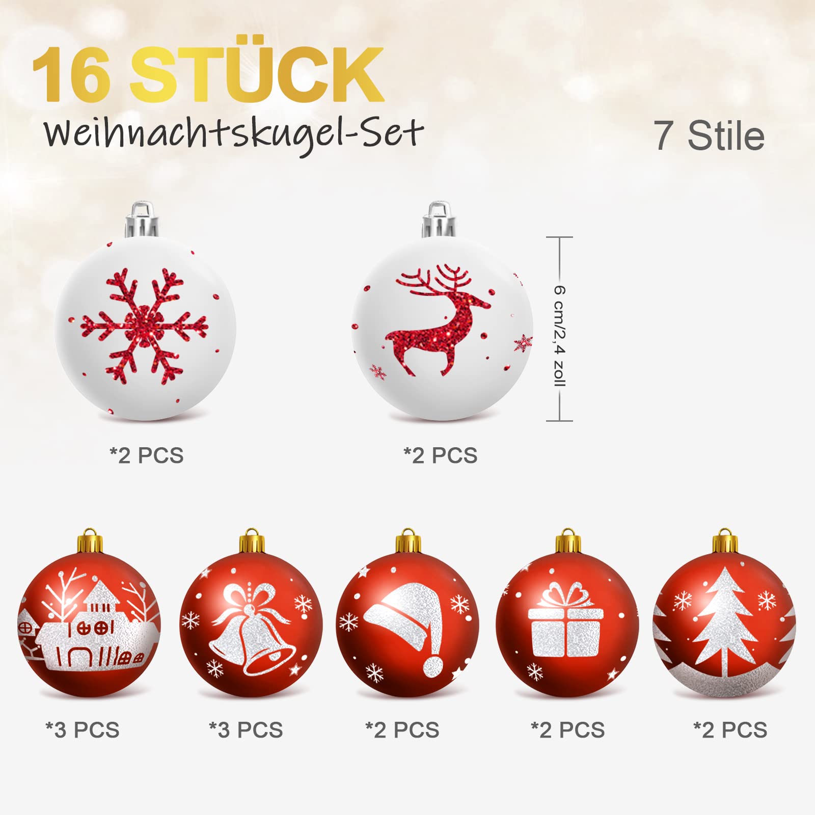 WEARXI Lichterketten Weihnachtskugeln 6cm Rot-Weiß 16 Stück