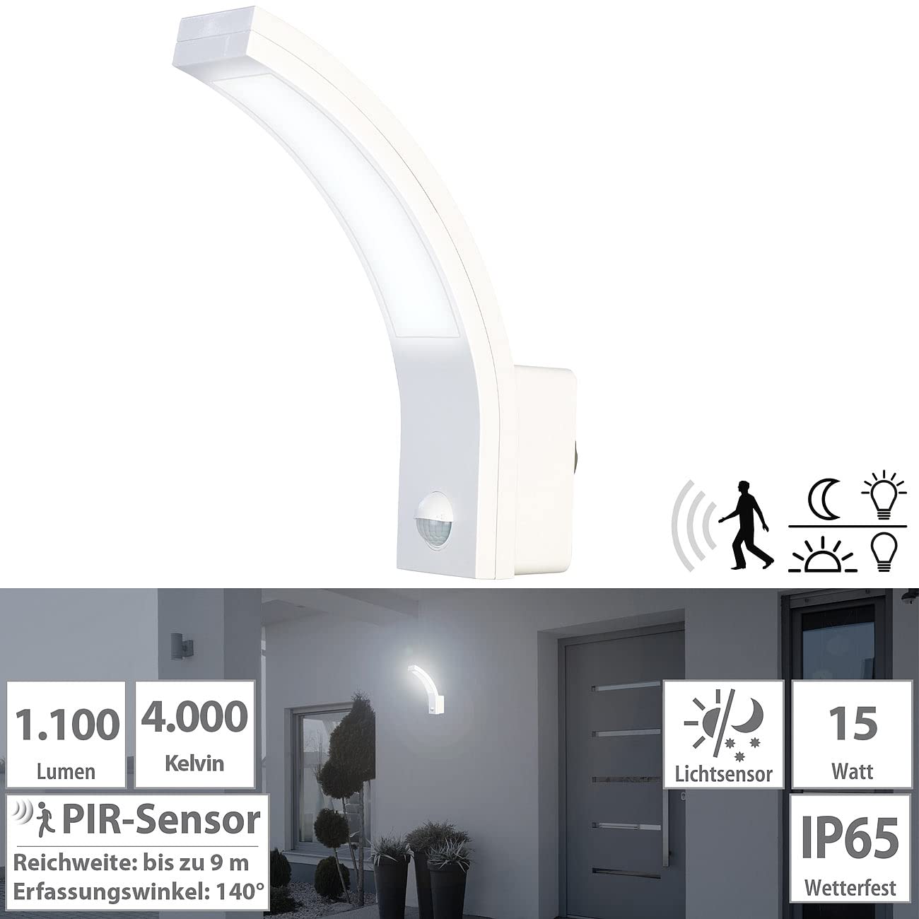 Lunartec Außenbeleuchtung LED-Wandleuchte 1100 lm weiß Sensor
