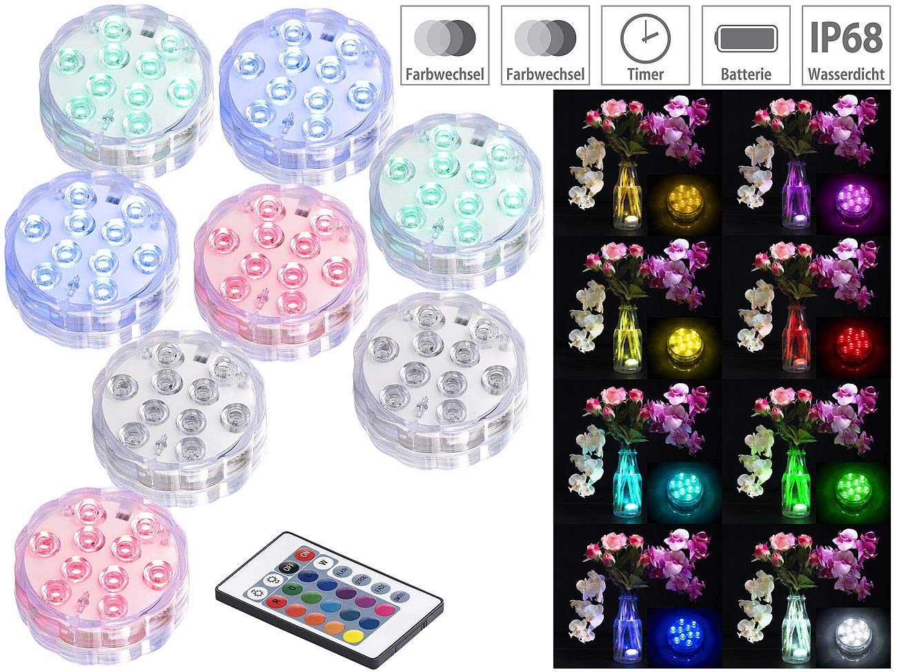 Lunartec Außenbeleuchtung Poollicht 8er-Set RGB mit Fernbedienung
