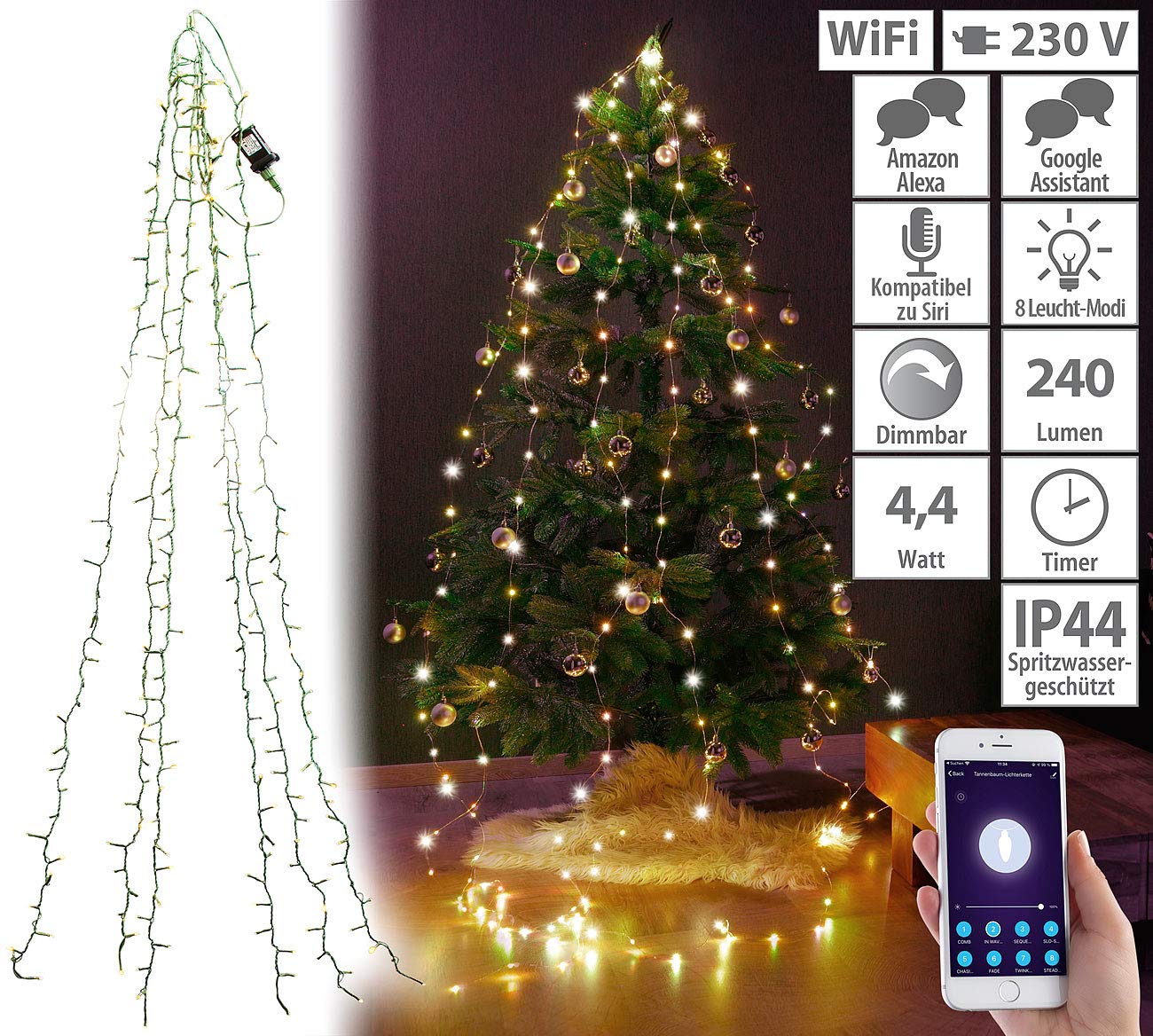 Lunartec Licht-Dekoration WLAN-Tannenbaum-Lichterkette 240 LEDs