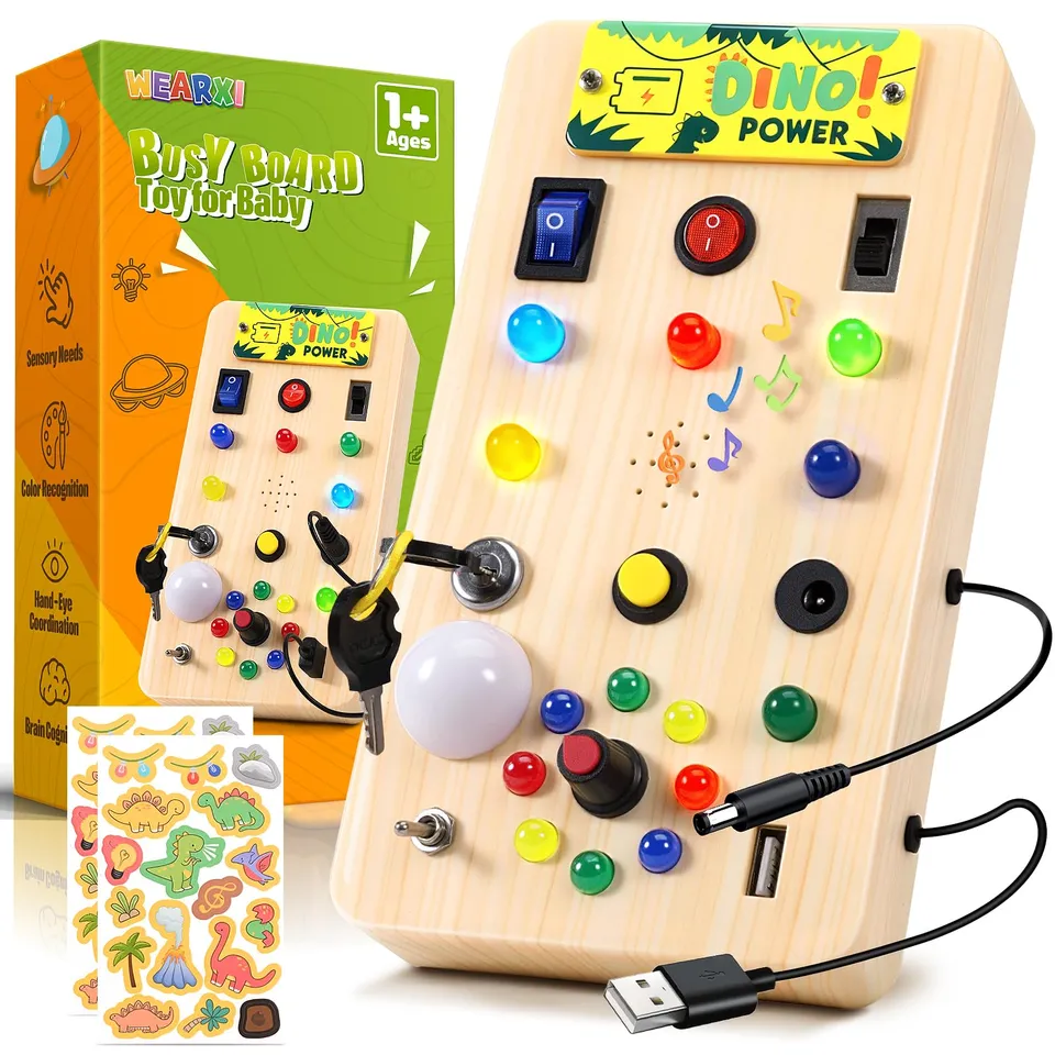 WEARXI Busy Board Holzoptik LED Dinosaurier Sound