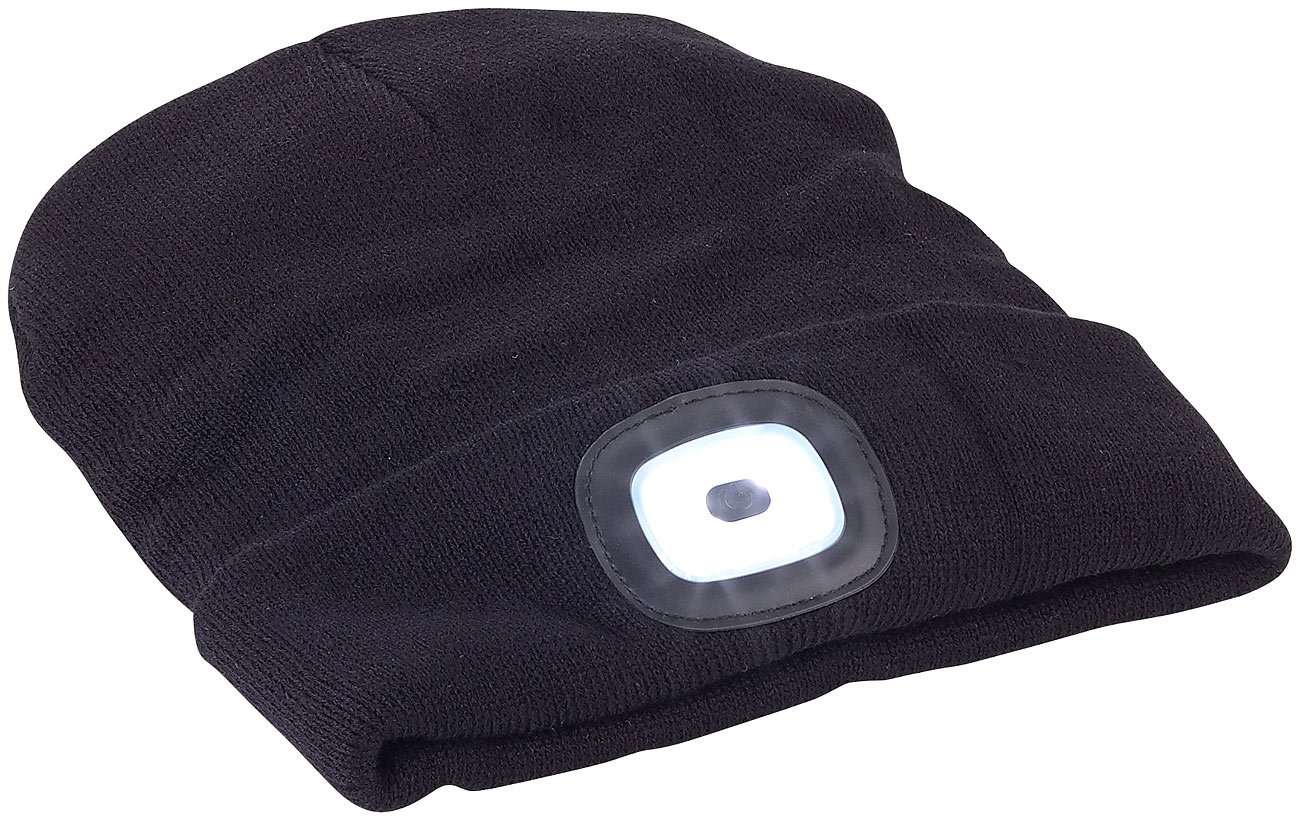 Lunartec LED Mütze Kinder schwarz Strickmütze mit Licht 4 LEDs