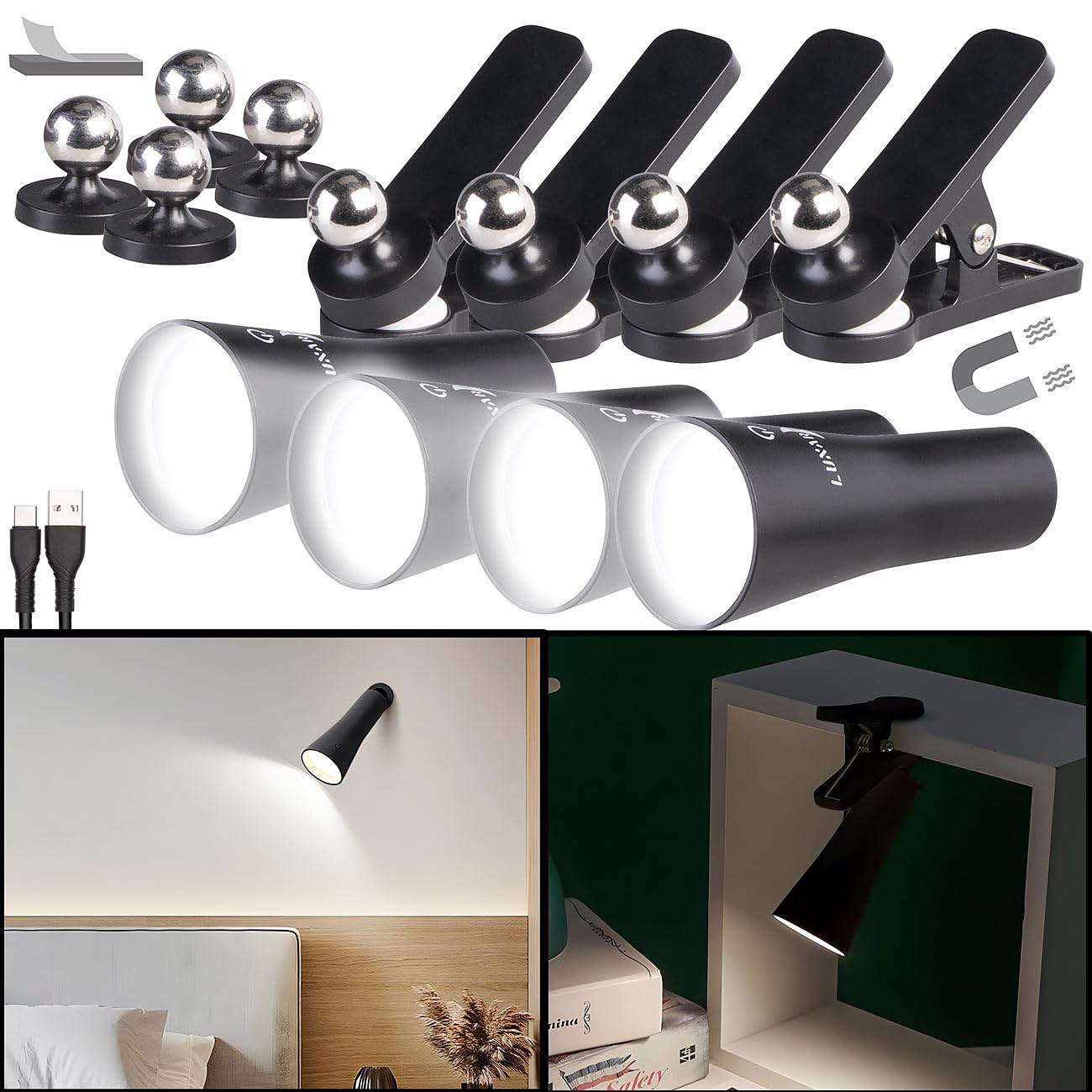 Lunartec Taschenlampen 3in1 Klemmlampe schwarz 4er-Set 150 lm
