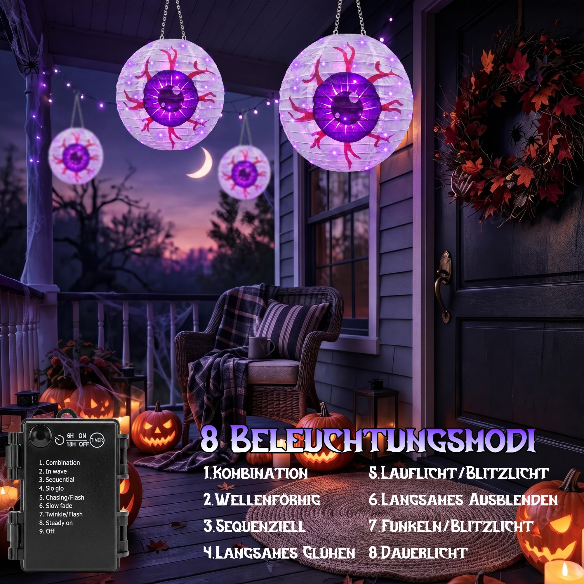 Qedertek Lighting Halloween Laterne Lila 40 LED Batterie Timer