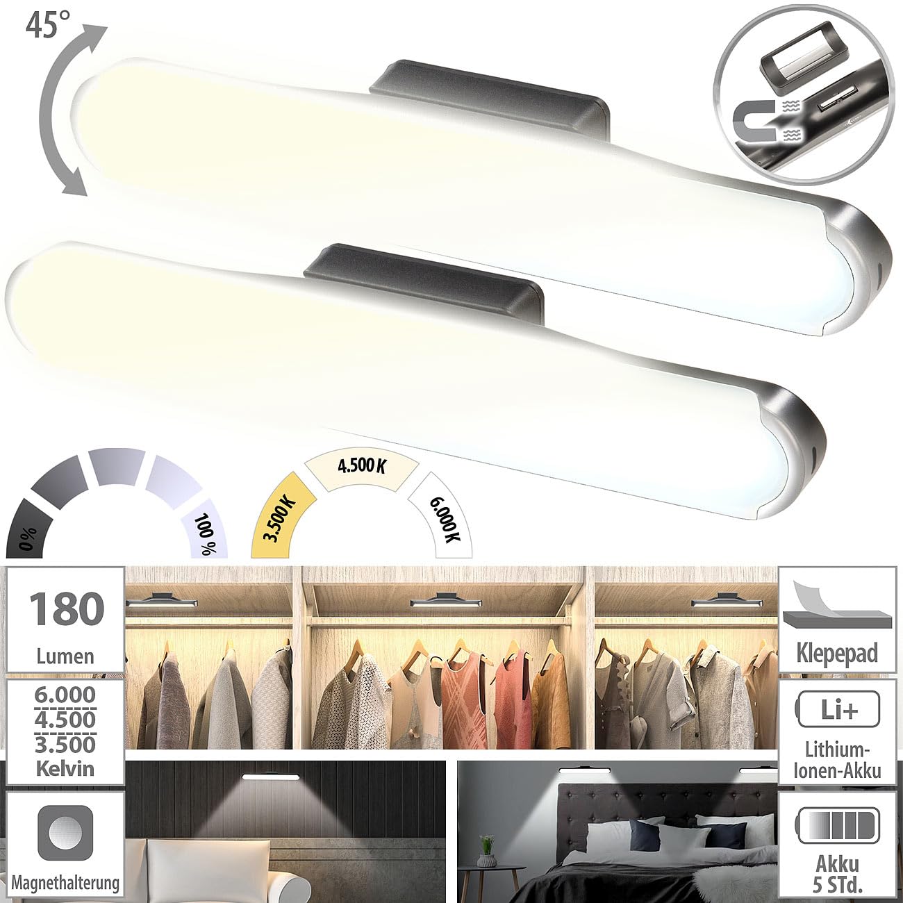 Lunartec Innenbeleuchtung Akku-LED-Leselampe 24cm 2er-Set