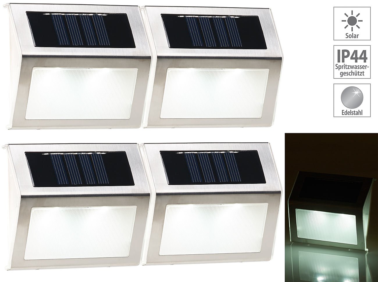 Lunartec Außenbeleuchtung Treppen-Solarleuchten 4er-Set Edelstahl