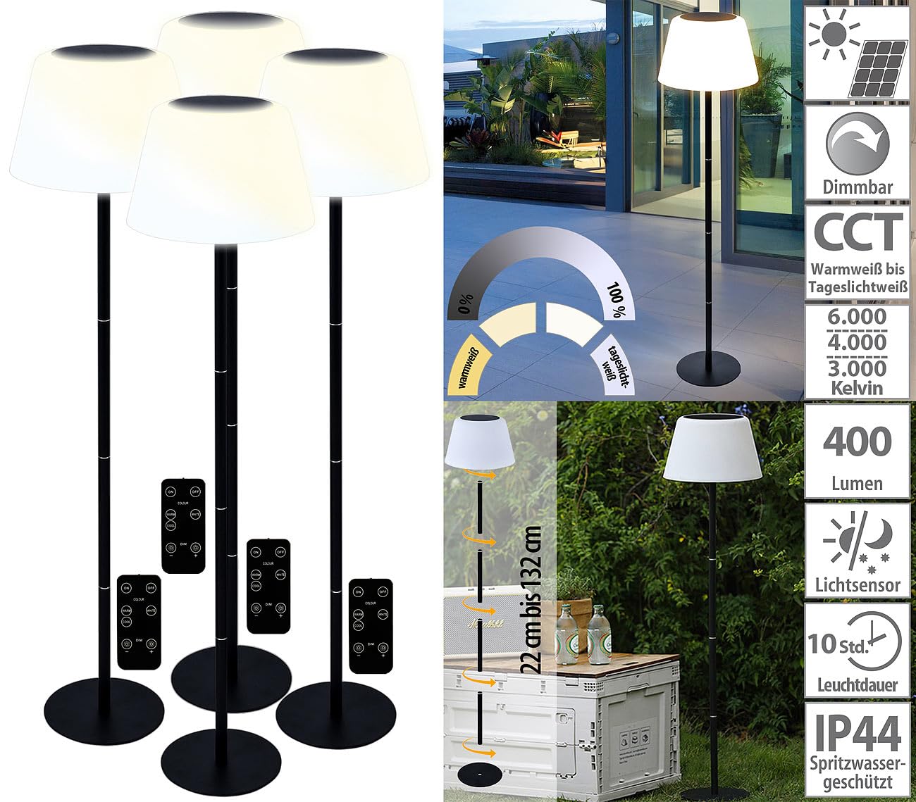Lunartec Außenbeleuchtung Solar-Stehleuchten 4er-Set CCT 400 lm