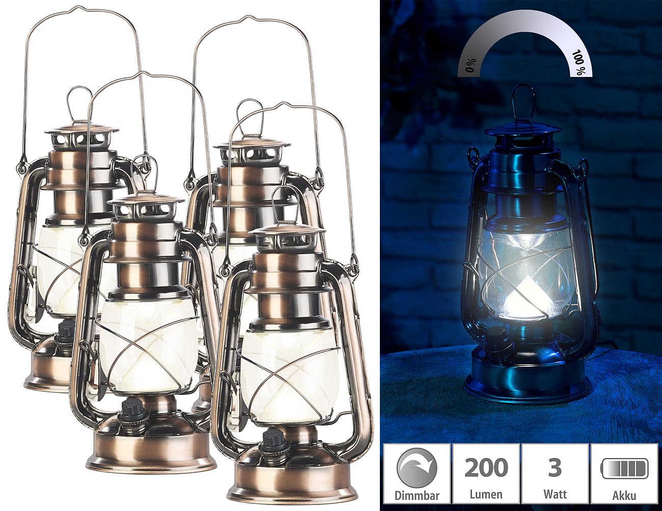 Lunartec Taschenlampen LED-Sturmlaterne Akku 4er-Set bronze warmweiß