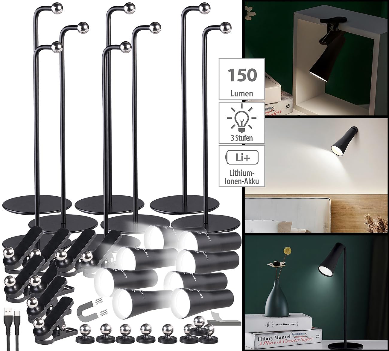 Lunartec Taschenlampen 4in1 Akku-Lampe 8er-Set schwarz 150lm