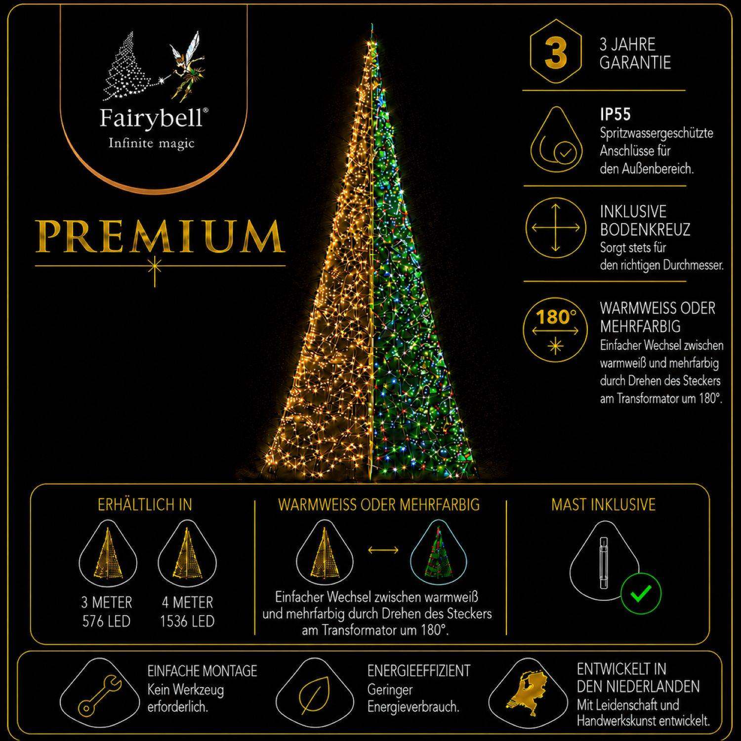 Fairybell Premium 3 m Weihnachtsbaum Luminous Switch 576 LED