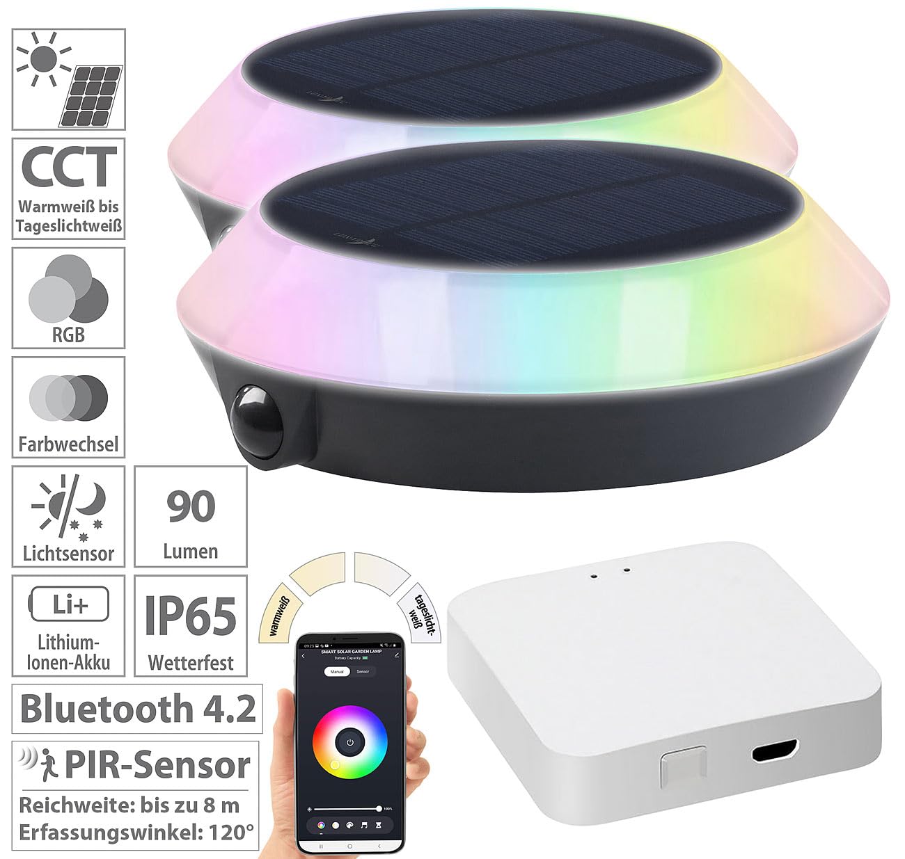 Lunartec Außenbeleuchtung Solarleuchte 2er-Set RGB-CCT mit Bewegungsmelder