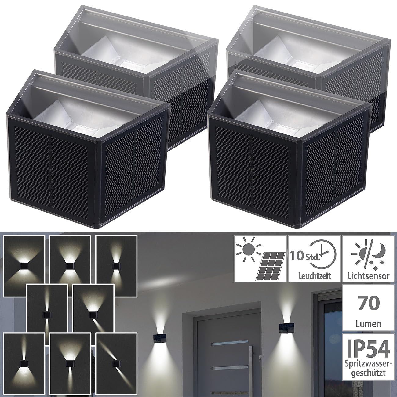 Lunartec Außenbeleuchtung Solar-Wandleuchten 4er-Set warmweiß