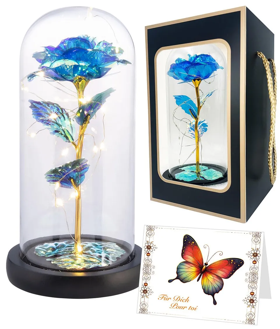Lunartec Licht-Dekoration LED-Rose Glas kristallblau 21,5 cm
