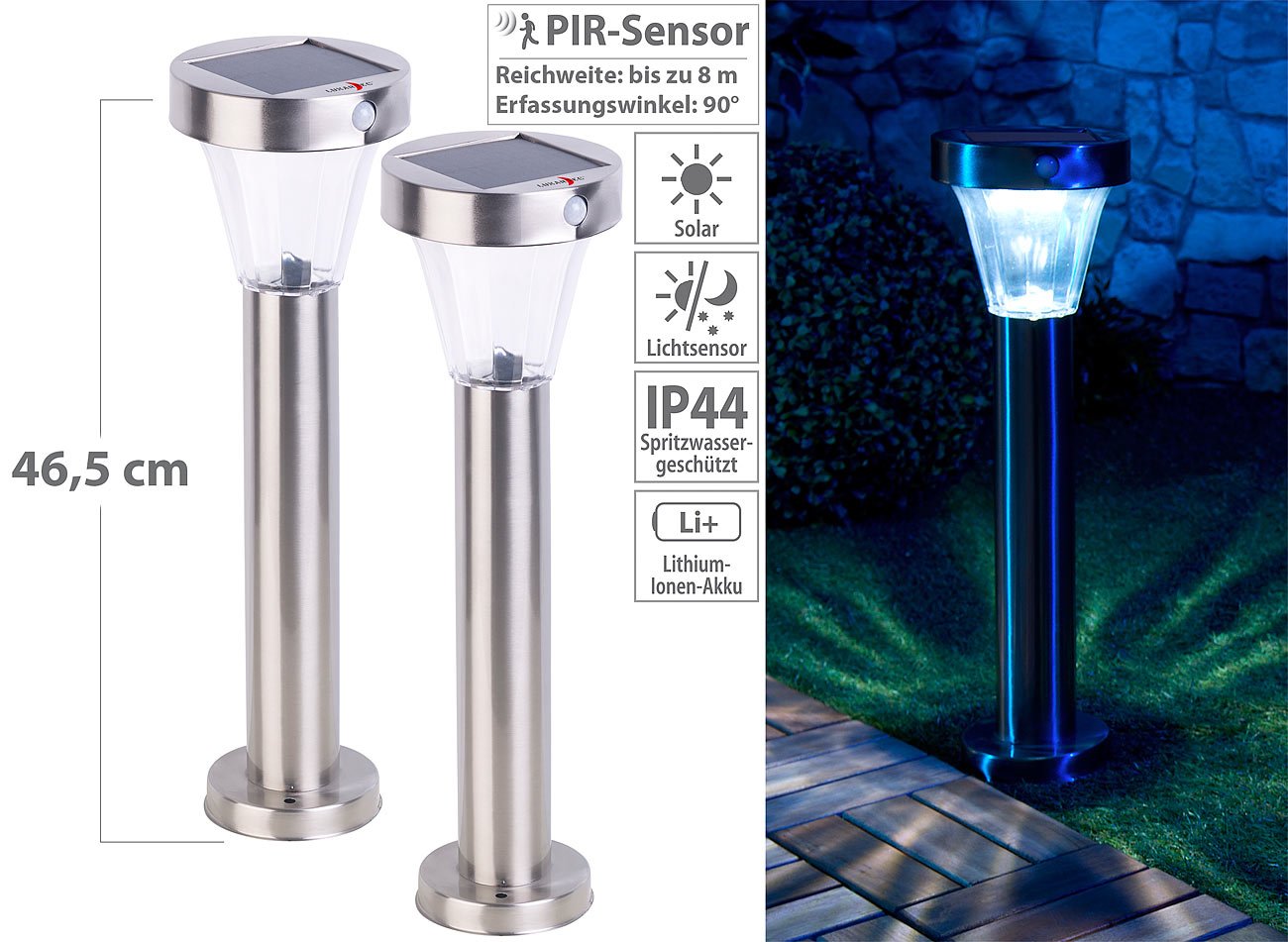 Lunartec Silva Solar-Wegeleuchte 2er-Set Edelstahl mit Bewegungsmelder