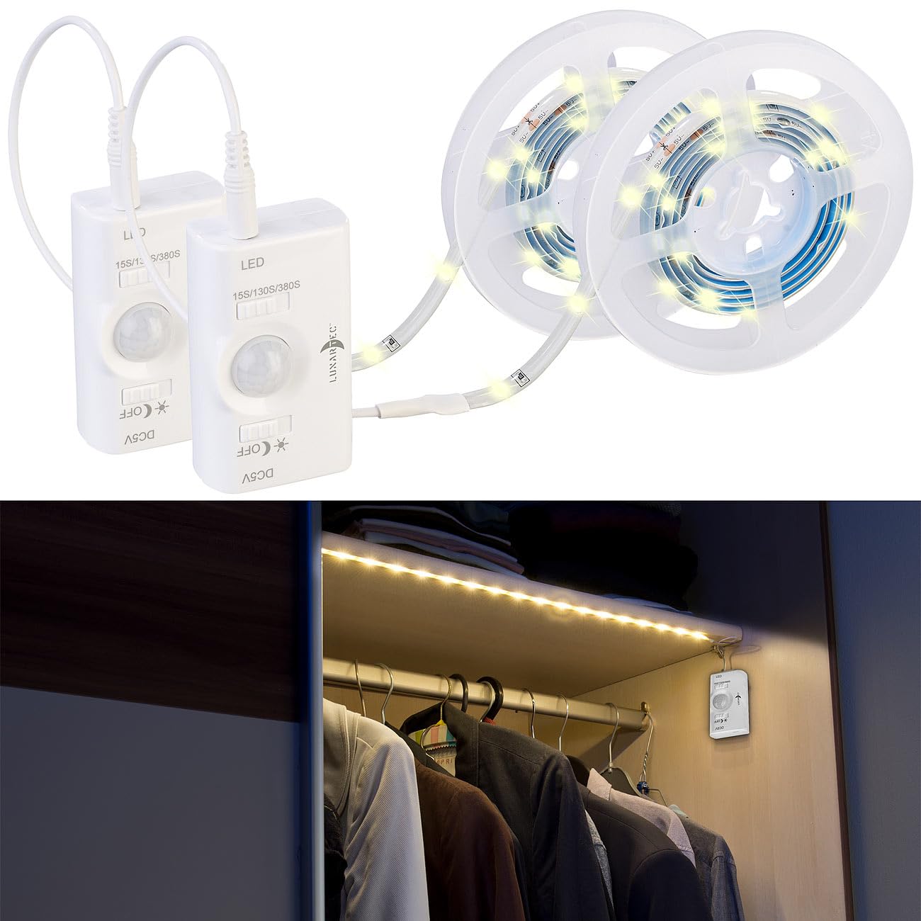 Lunartec LED-Streifen Akku 2er-Set 100 cm warmweiß PIR 180 lm