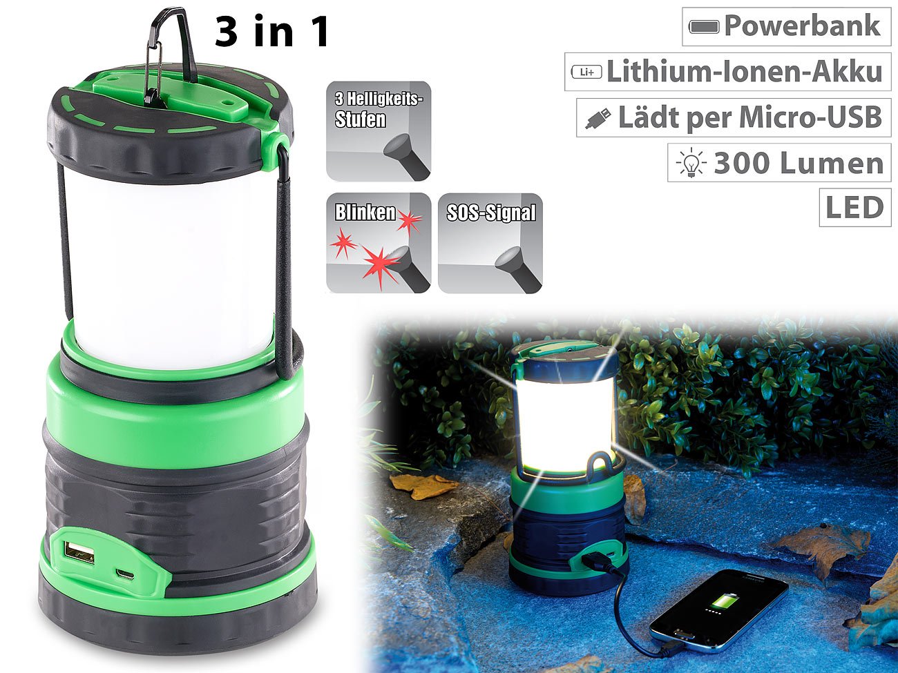 Lunartec 3in1 LED-Campinglaterne Akku Powerbank 300 lm