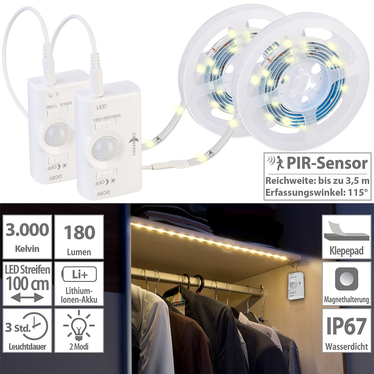 Lunartec LED-Streifen Akku 2er-Set 100 cm warmweiß PIR 180 lm