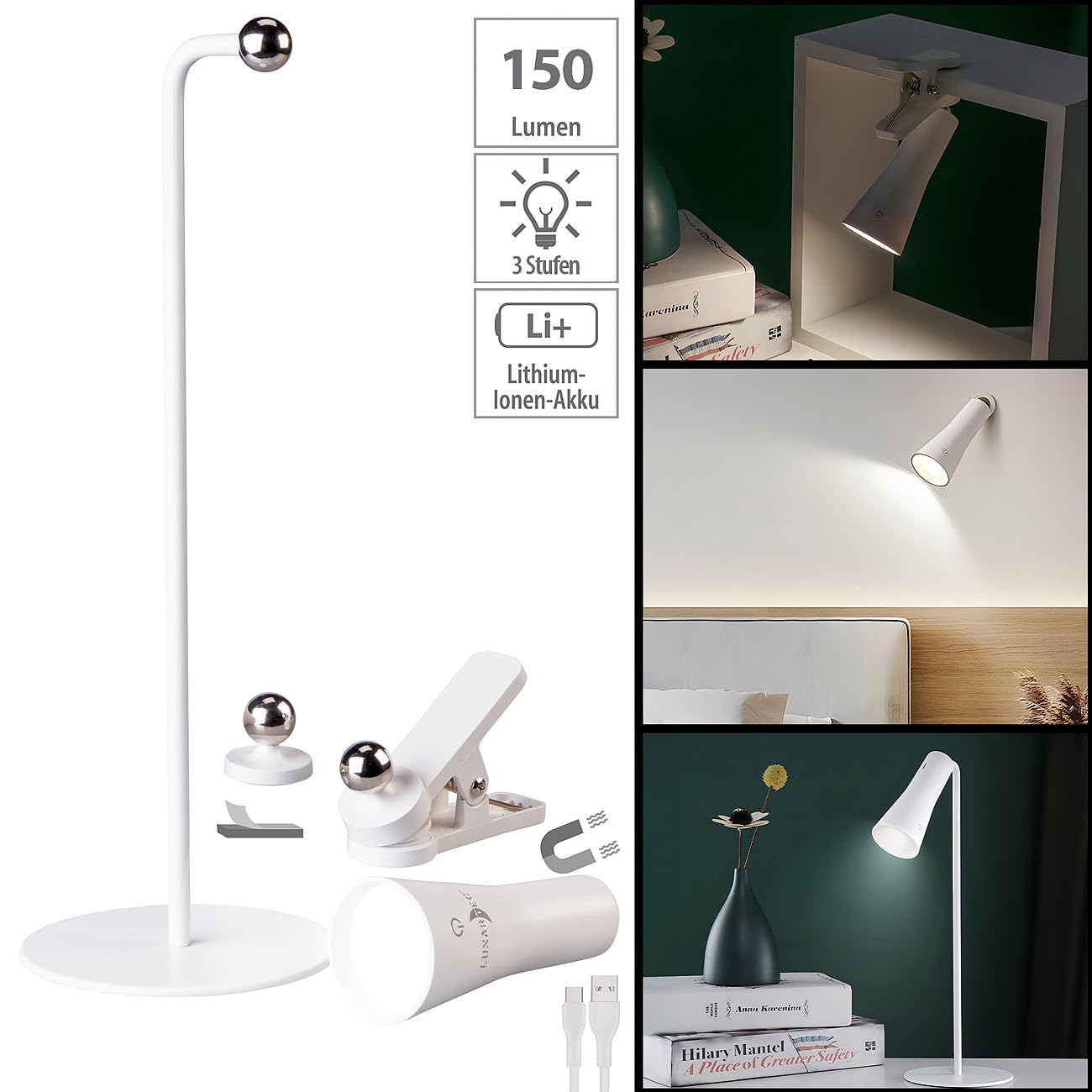 Lunartec Taschenlampen 4in1 Akku-Leuchte weiss Tischlampe