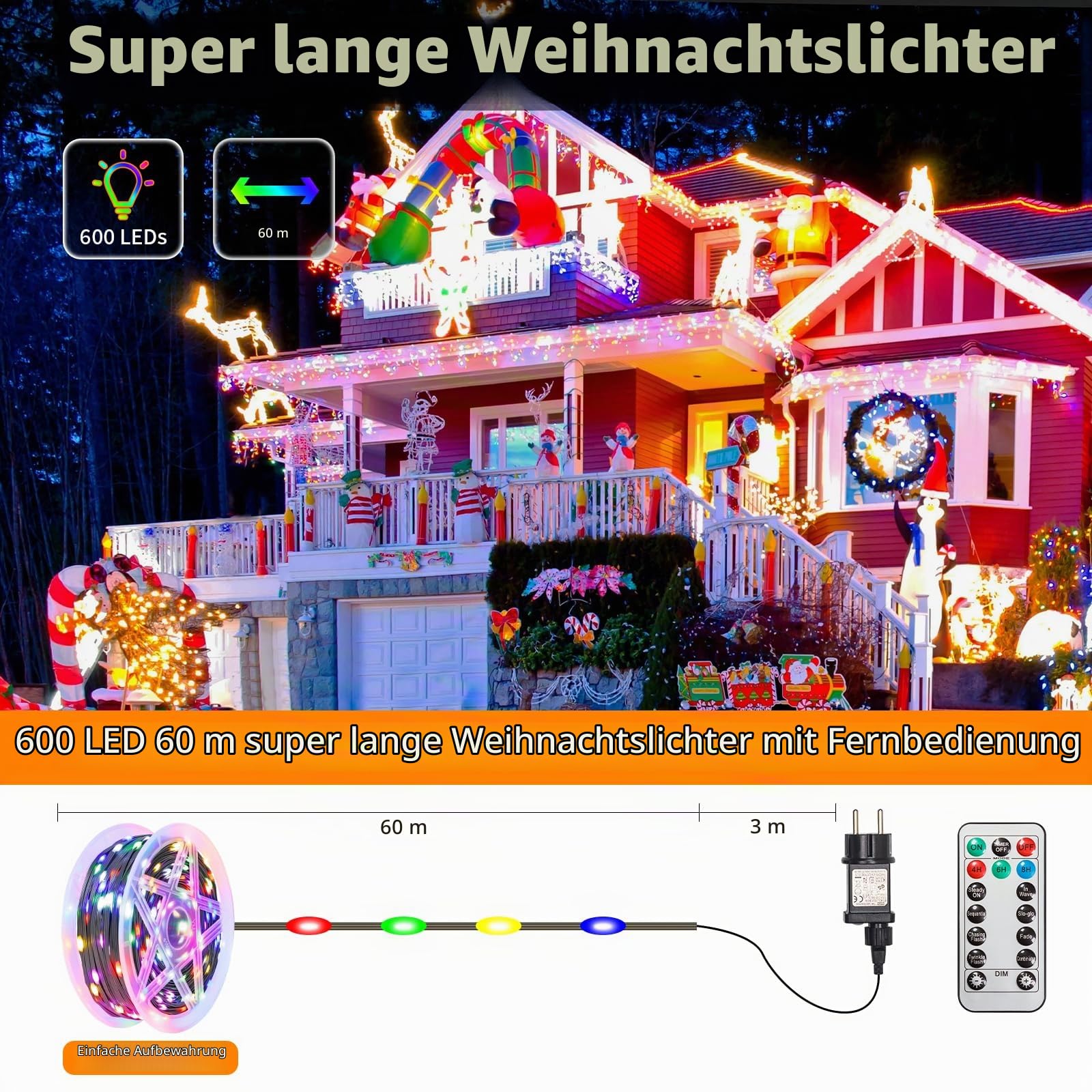 Bxroiu Lichterkette LED Mehrfarbig 60M 600 LEDs mit Timer