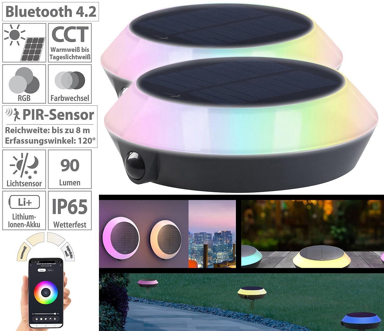 Lunartec Außenbeleuchtung Solarleuchte 2er-Set RGB-CCT mit App