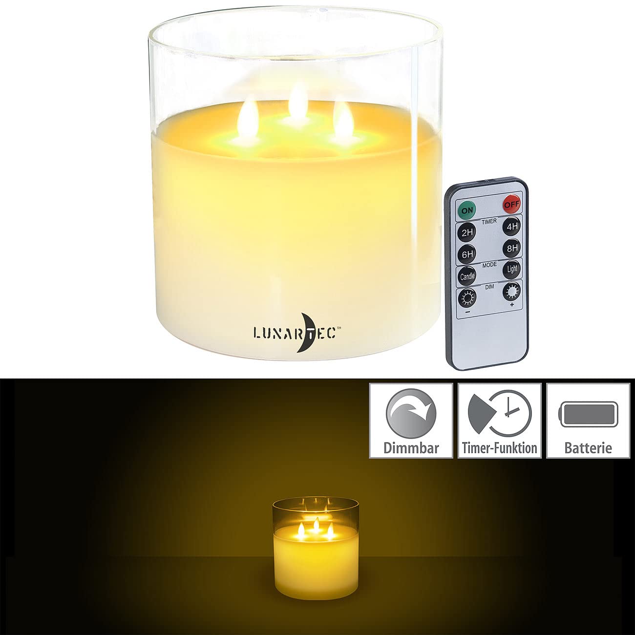 Lunartec Licht-Dekoration Echtwachs-Kerze Windglas 3 Flammen