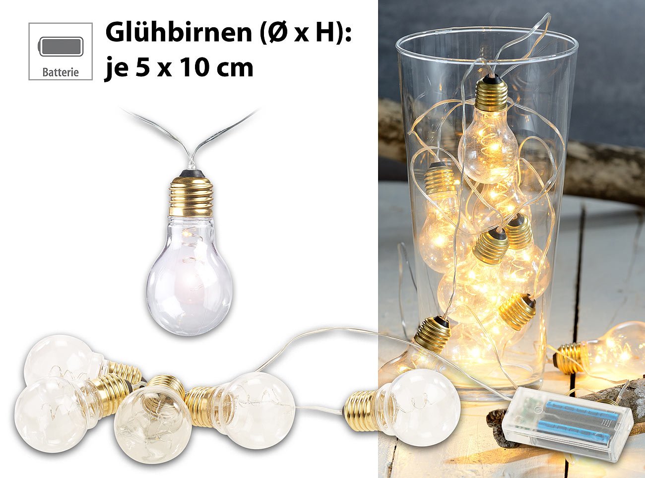 Lunartec Glühbirnen-Lichterkette 5 LED warmweiß 150 cm Batterie