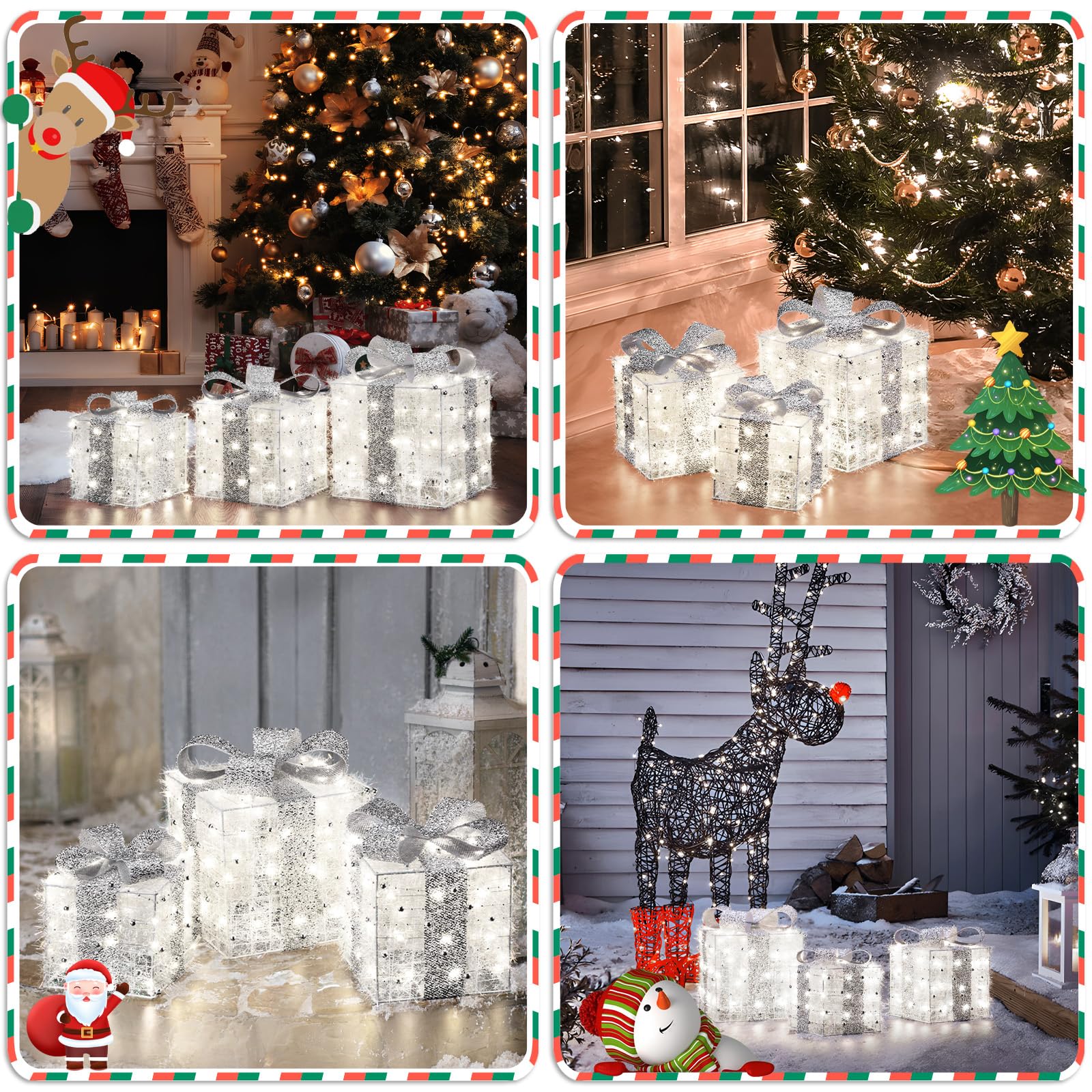 elktry LED Geschenkbox 3er Set silber mit Timer 140 LEDs