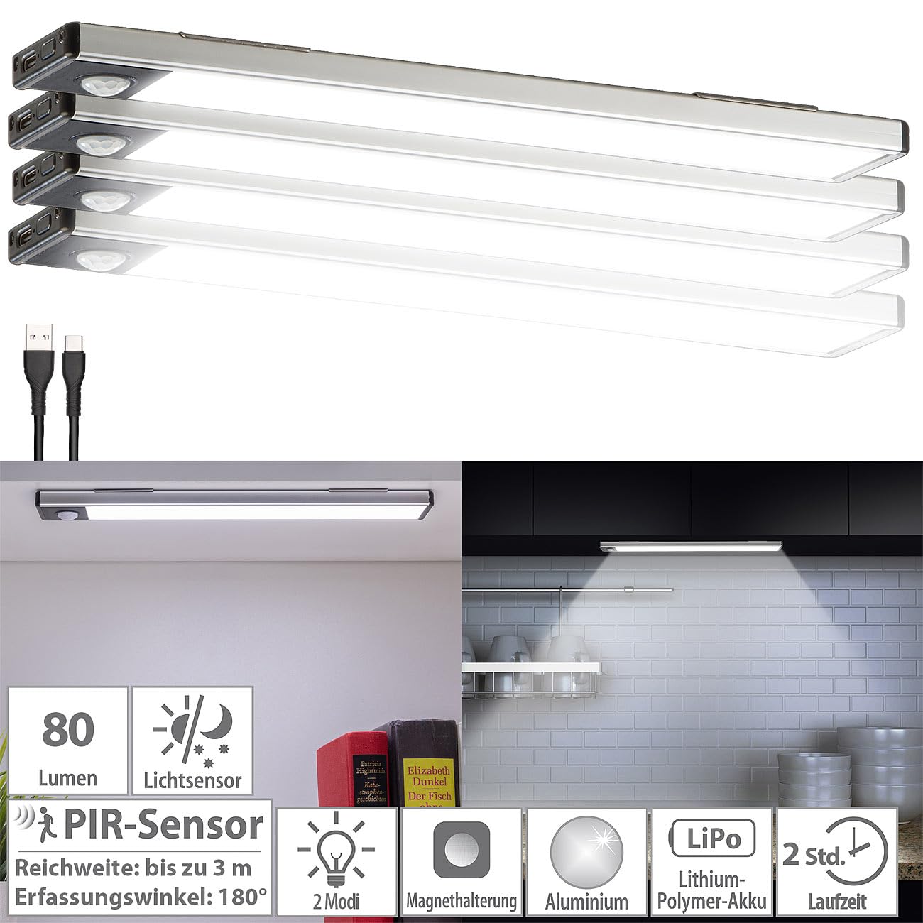 Lunartec Innenbeleuchtung LED-Lichtleiste Akku 4er-Set Sensor
