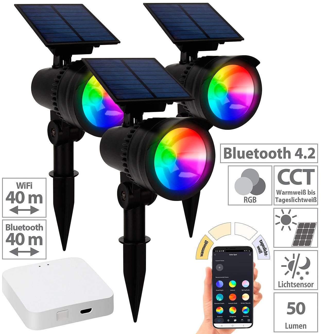 Lunartec Außenbeleuchtung Solarstrahler 6er-Set RGB IP44