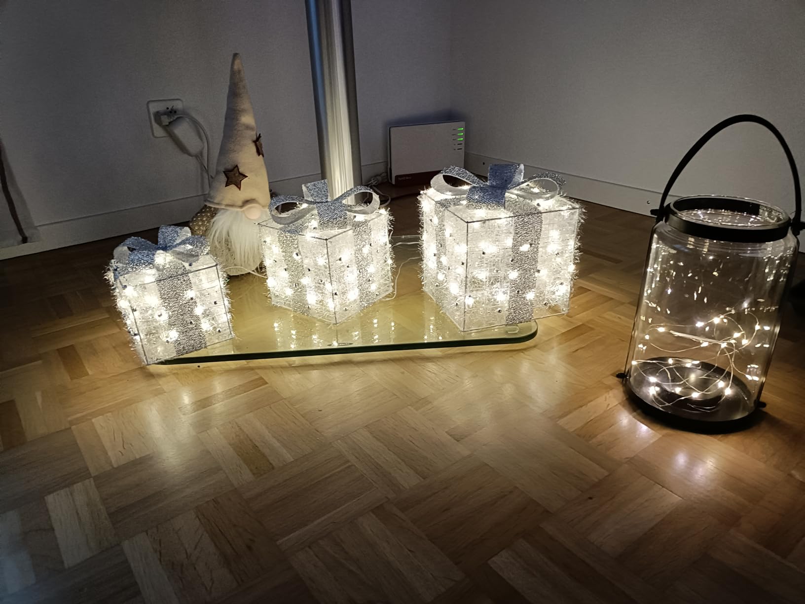 elktry LED Geschenkbox 3er Set silber mit Timer 140 LEDs
