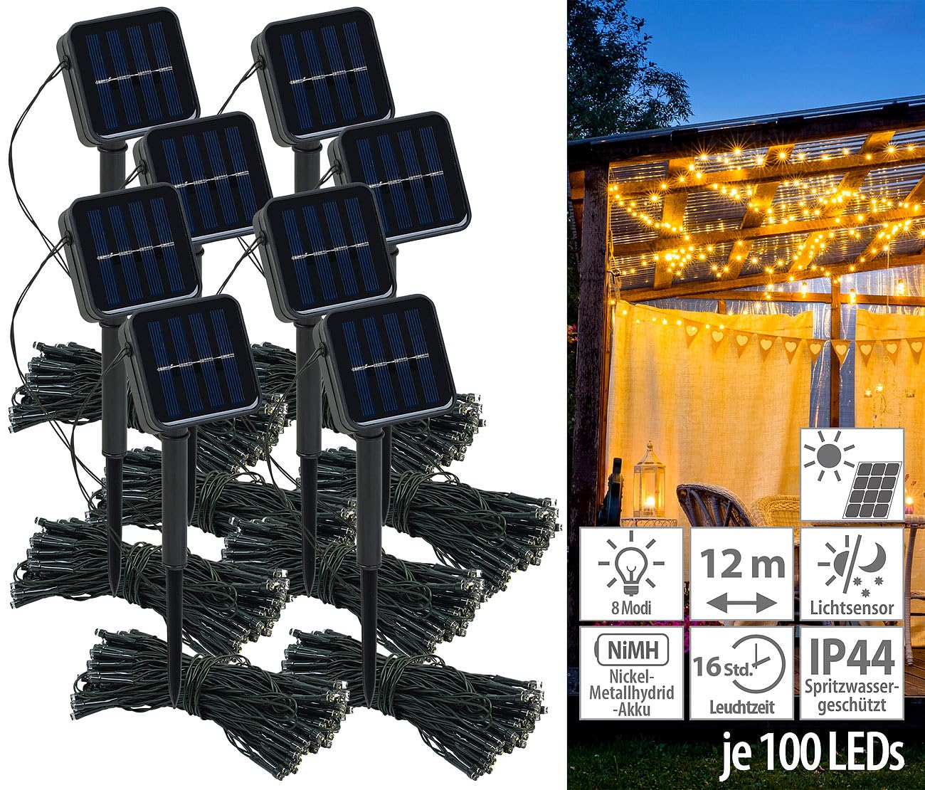 Lunartec Licht-Dekoration Solar-Lichterkette 8er-Set 12m warmweiß