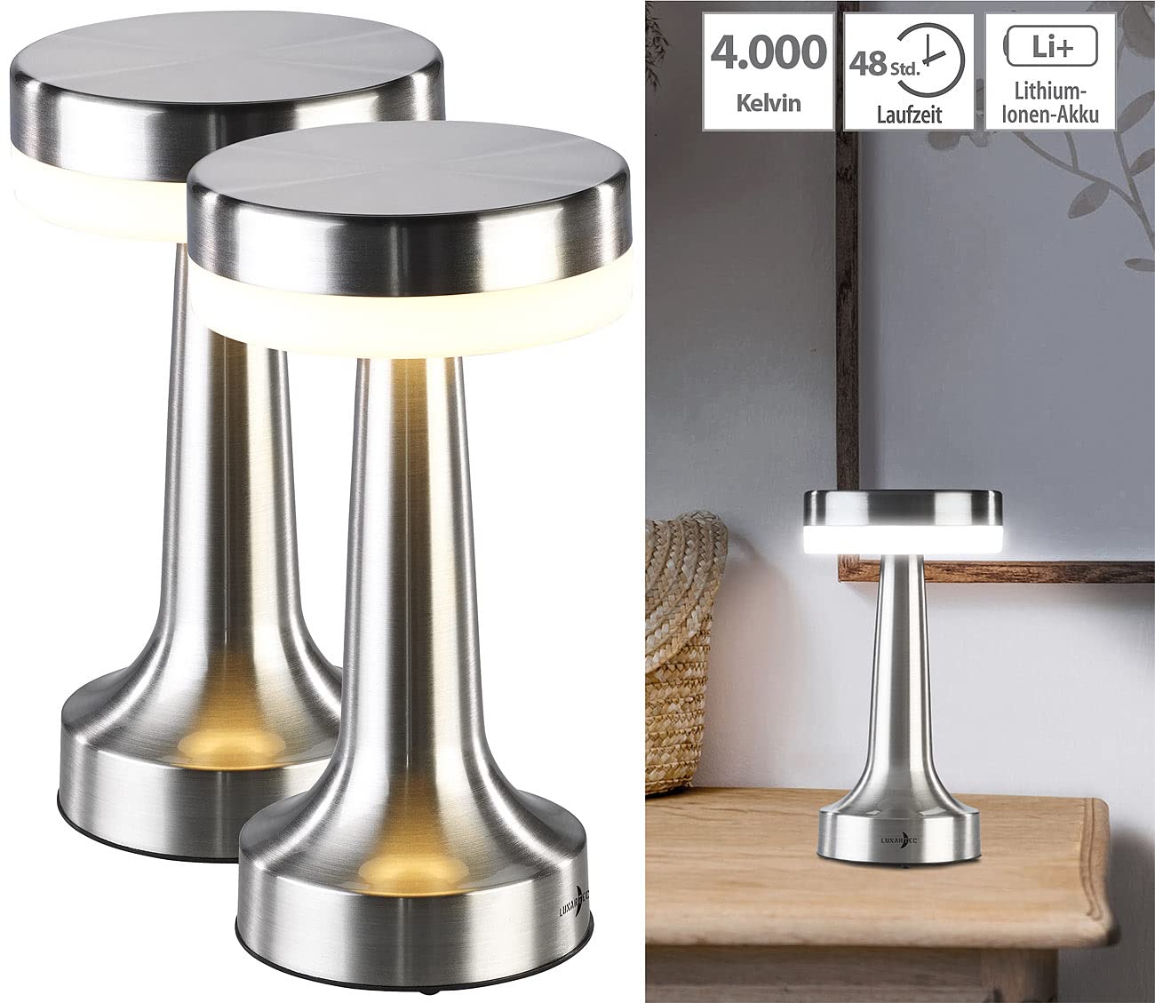 Lunartec Innenbeleuchtung LED-Akku-Tischleuchte 2er-Set silbern 4000K