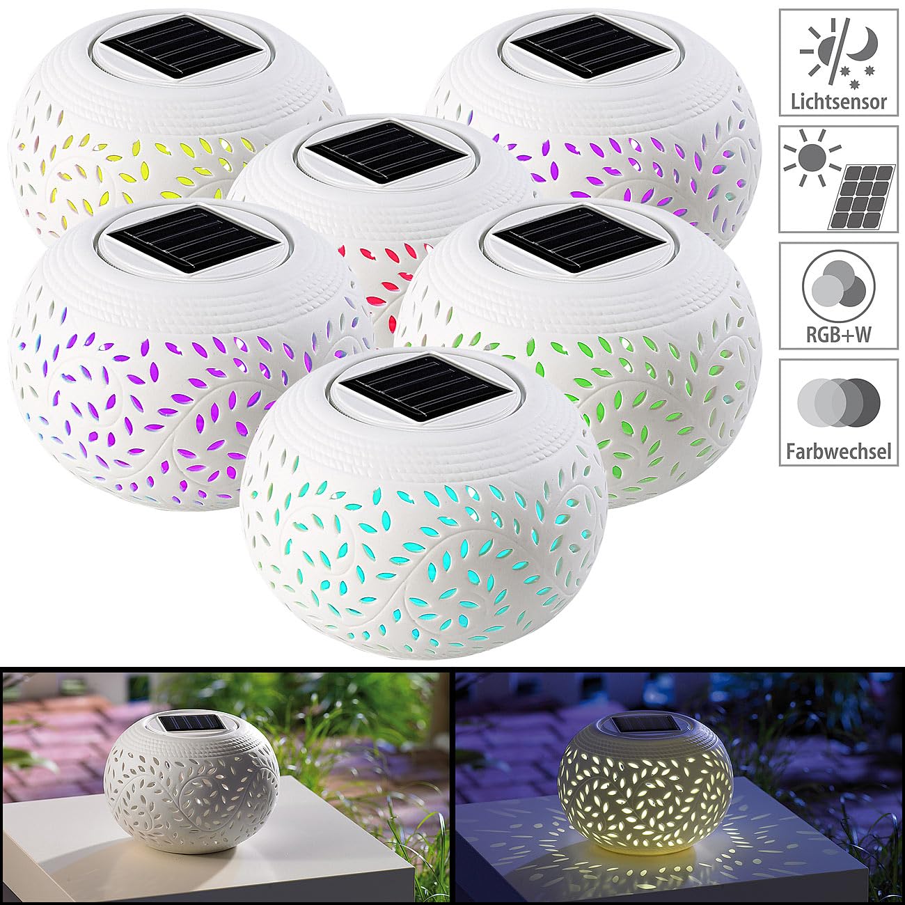 Lunartec Außenbeleuchtung Solar-Laterne 6er-Set Porzellan warmweiß RGB