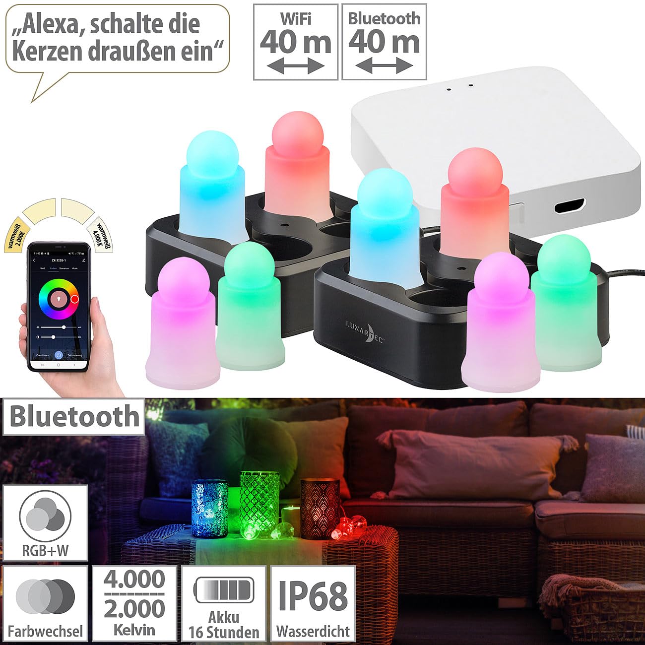 Lunartec Licht-Dekoration LEDK-4 LED-Kerzen 8er-Set RGBWW Akku