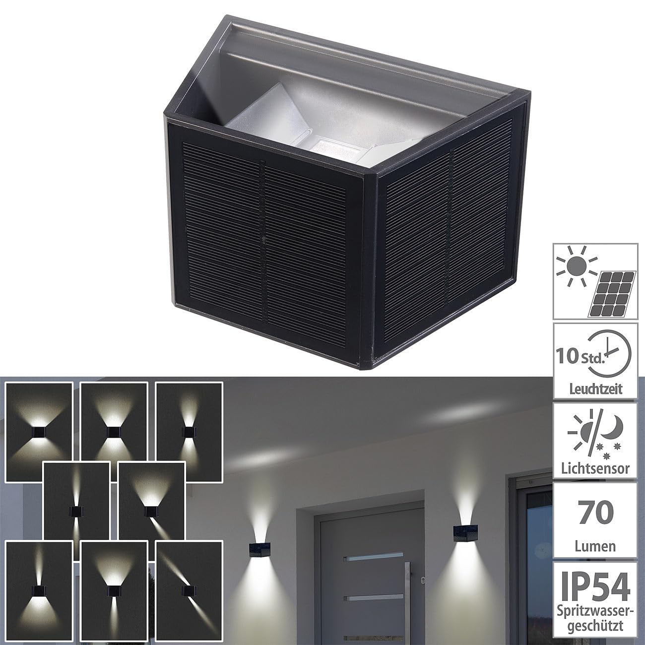 Lunartec Außenbeleuchtung Solar-LED-Wandleuchte warmweiß IP54